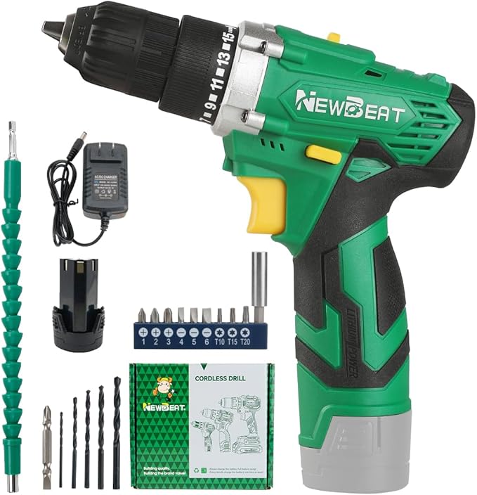 NEWBEAT Cordless Drill Set, 12V Power Drill Driver with 1 Battery and Charger, 3/8" Keyless Chuck, 2 Variable Speed, 15+1 Torque Setting, Drill Driver Kit for Home and DIY Project