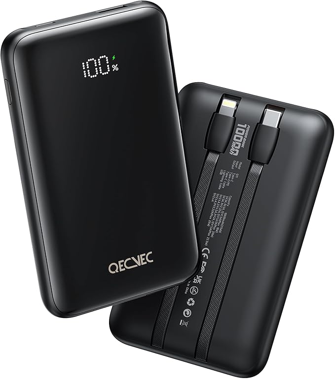 Portable Charger 10000mAh, Cell Phone Portable Power Banks with 22.5W PD Fast Charging, Compact Phone Charger Built in Cable, Compatible with Apple, Samsung, Google, Motorola and More-Black