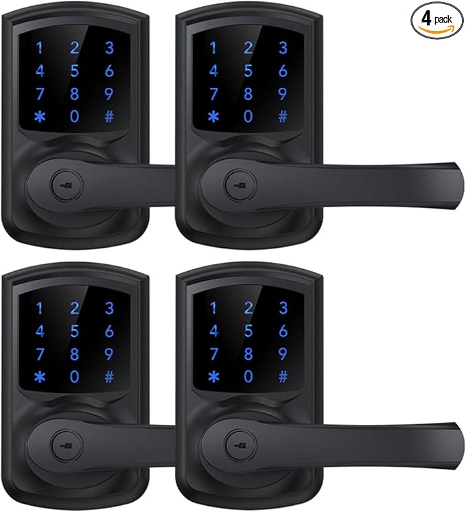 Keyless Entry Door Lock with Keypad and Handle for Front Doors, Touchscreen, Anti-peep Password, Auto-Locking, Matte Black 4 Pack