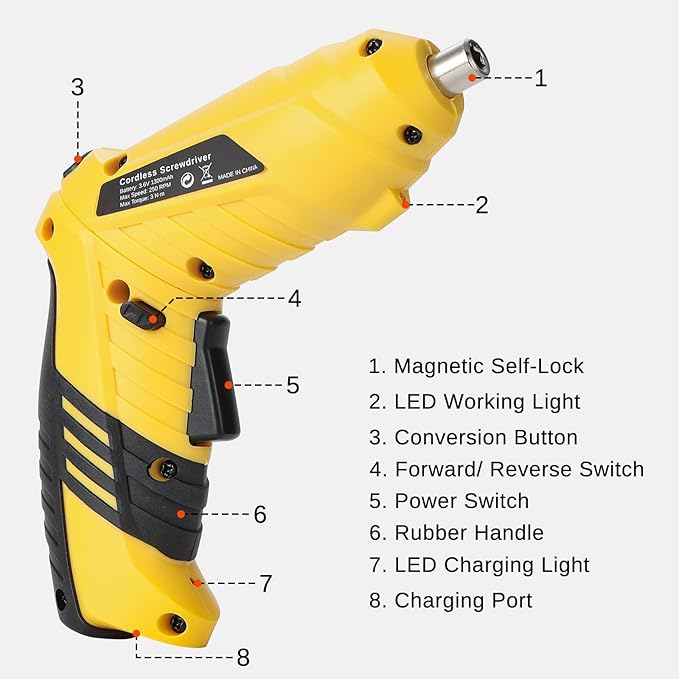 SainSmart Cordless Electric Screwdriver with Rechargeable 3.6v Lithium Battery and 1/4” Hex Chuck, Includes 45pcs Bits, 1 Extension Rod and 1 USB Cable