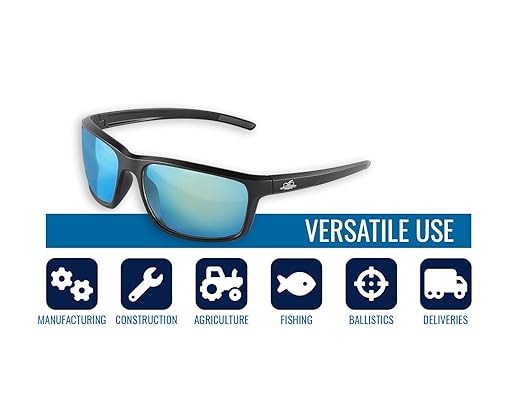 Bullhead Safety Crevalle Polarized Safety Glasses with Performance Fog Technology, Case and Cord Included, Blue Light Glasses with UV Light Protection, Ice Blue Mirror Lenses, Matte Black Frame