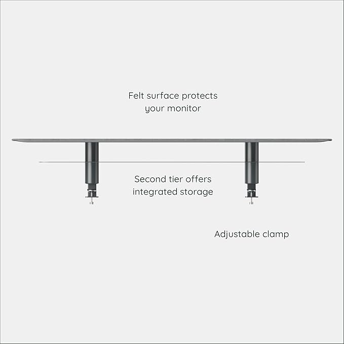 Branch Monitor Stand - Elegant, Durable Powder-Coated Steel Stand with Soft Felt Liner - Small Monitor Riser Second Tier Storage - Installs with a Universal Clamp for Ergonomic Workspace - Charcoal