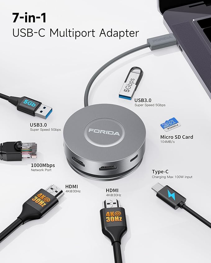 Micro USB C Docking Station Dual HDMI Monitor FORIDA USB C to USB Hub with 1 Gbps Ethernet 100W Power Delivery Micro SD Card Reader for MacBook/Dell/HP/Lenovo ThinkPad/Surface (Silver)