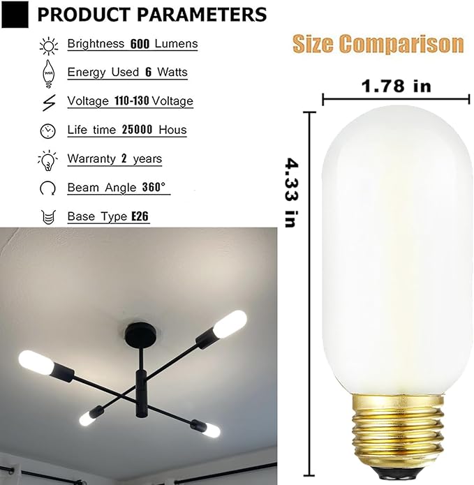 Leools E26 LED Bulb 6W Equivalent e26 led Bulb 60 Watt Dimmable Daylight 4000K Frosted Glass E26 Edison Bulb AC120V 600lm Tubular T14 T45 LED Bulb for Pendant, Sputnik,Vanity,Chandeliers Pack of 6