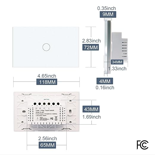 Light Switch No Neutral Wire,Single Live Wire Light Switch No WiFi,Tempered Glass Panel,Total Power Maximum 1000W,FCC Certification,White 1 Gang