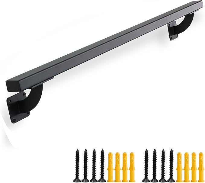 3 FT Heavy Duty Black Metal Staircase Handrail Indoor Stair Railing - 36 Inch Wall Mount Iron Pipe Hand Rails for Indoor & Outdoor, Banister Steps Rail Safety Wall Grab Bar for Handicap