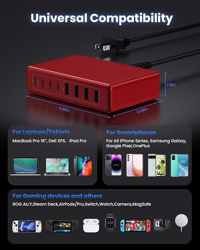 200W USB C Charger Block,GaN IV Charging Station 8 Ports,QC4.0 Fast Charging Station Hub+PD 65W USB C Laptop Charger Adapter Compatible with MacBook Air/Pro,DELL,iPhone 16/15,iPad,Steam Deck-Red
