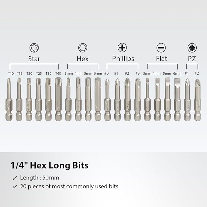 FIRSTINFO H5199D Screwdriver Bit Set | S2 Alloy Steel | 1/4" Hex Head 50mm Long, 20 Pieces with Phillips Hex Star Flat and PZ