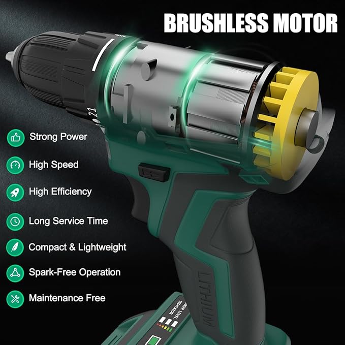 20V Cordless Brushless Power Drill Set with 2 Batteries and Charger,3/8-Inch Chuck Electric Drill-Driver,22 Torque Setting,Drilling/Driver Bits and Tool Bag Included