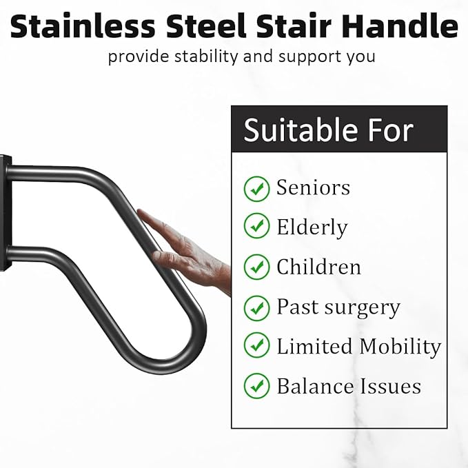 Handrails Wall Mount Stair Safety Handle Non-Slip Step Metal U-Shape Grab Yard Mounted Garage Porch Garden Hand Railings Powder Coated Heavy Duty Indoor or Outdoor Safe Bars (2 Pack)