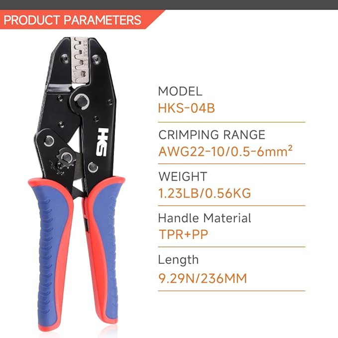 HKS Crimping Tool For Non-Insulated Open Barrel Terminals & Receptacles - Ratcheting Wire Crimpers - AWG 20-10 (0.5-6mm²) U-Shaped- Ratchet Terminal Crimper - Electrical Crimping Tool