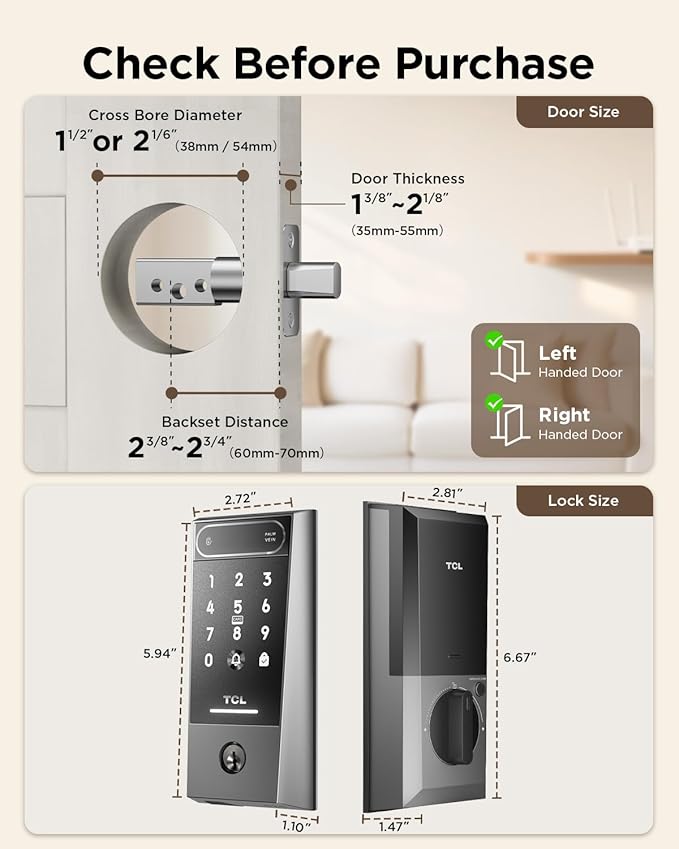 TCL D2 Pro Smart Lock with Palm Vein Recognition, Wi-Fi Keyless Entry Deadbolt Door Lock, Built-in Doorbell, IP55 Waterproof, 10000mAh Rechargeable Battery, Auto Lock for Front Door (Dark Grey)