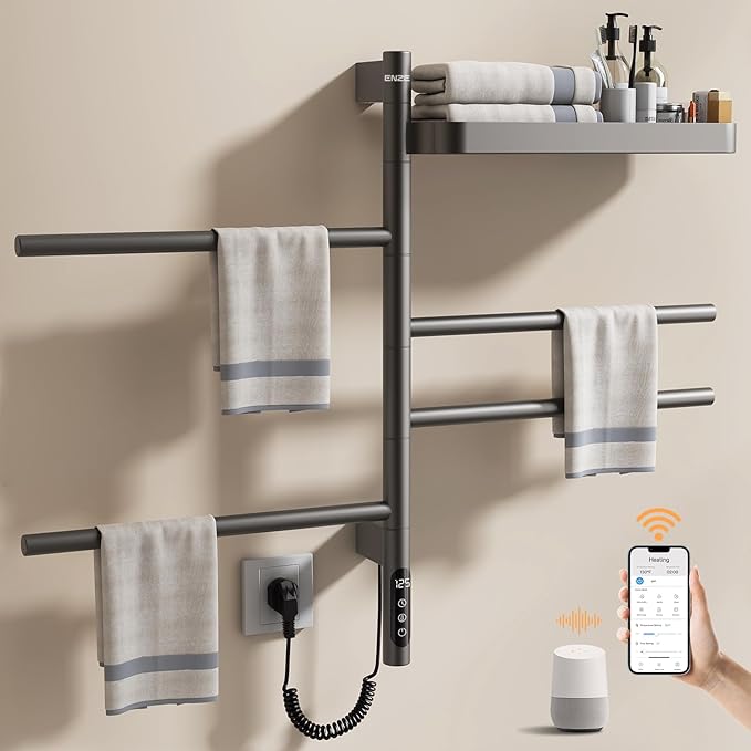 ENZE Smart Rotating Heated Towel Rack for Bathroom, Wall-Mounted Electric Towel Dryer with Swivel Bars & Shelf, Smart Timer, Low Carbon Steel, Plug-in/Hardwired, Towel Warmer with Wi-Fi App Control