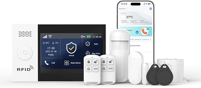 Home Security Systems,Wireless Alarm System with 4G SMS/Tuya App Instant Alerts,Motion Detector,Door Alarm Sensors,Remote,Work with Alexa and Google,8 Piece Kits for Home,Villa,No Monthly Fee