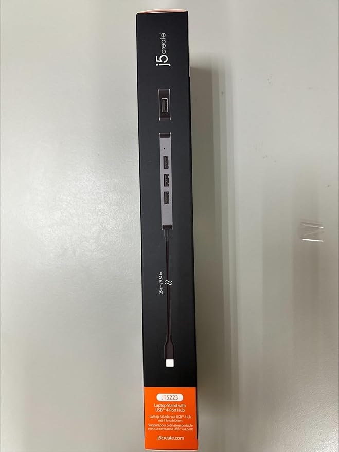 j5create Portable Aluminum Laptop Stand with USB 4-Port Hub, Foldable and Adjustable Notebook Riser with 4 USB-A Ports for MacBook, Laptop, and Tablet up to 16" (JTS223)