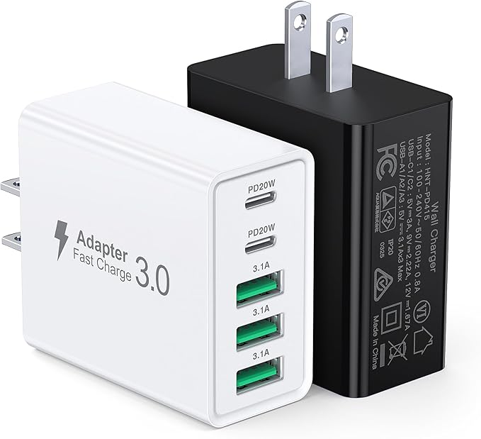 [2-Pack] USB C Wall Charger, 50W USB C Charger Block 5-Port PD Fast Charging Blocks + QC Power Adapter Brick Cube Multiport USB A Plug,Type C Cube for iPhone 16/15/14/13/12/Pro,Samsung,for Switch