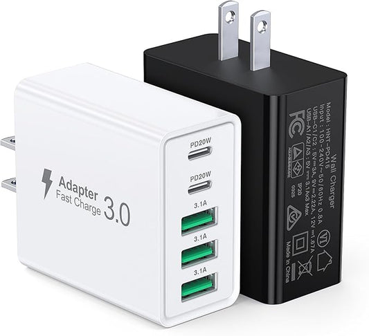 [2-Pack] USB C Wall Charger, 50W USB C Charger Block 5-Port PD Fast Charging Blocks + QC Power Adapter Brick Cube Multiport USB A Plug,Type C Cube for iPhone 16/15/14/13/12/Pro,Samsung,for Switch