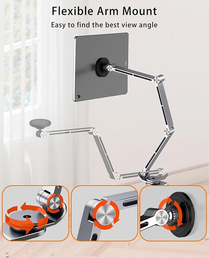 Magnetic Tablet Stand for Desk Aluminum Alloy Phone iPad Desk Holder Overhead Arm Mount with 360°Rotate Base for Magsafe/iPhone/Android/iPad (Magnetic Silver)