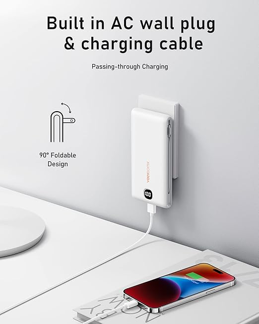 VEEKTOMX Portable Charger with Built in Cables 10000mAh, Power Bank for iPhone with Wall Plug, Travel Essential Fast Charging USB C Slim External Battery Pack for iPhone16/15/14, Samsung, iPad, etc