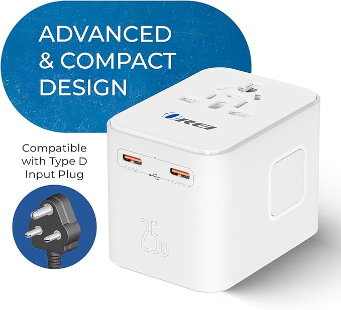 OREI 25Watt Universal Travel Adapter | 2X USBC 1XUSB A - 4-in-1 Universal Power Adapter | Universal Chargers for All Devices compatible 150+ Countries | Type C, A, G, I Compatible