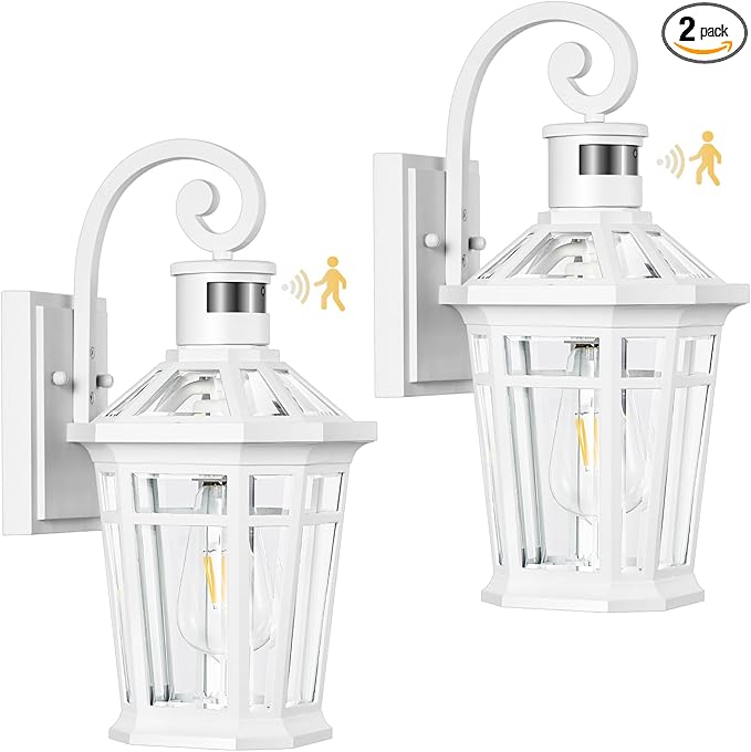 2 Pack Motion Sensor Outdoor Wall Lantern, White Outdoor Garage Lighting Fixtures Wall Mount, Waterproof Front Porch Lights with E26 Base, Exterior Sconce Light with Adjustable Sense Range