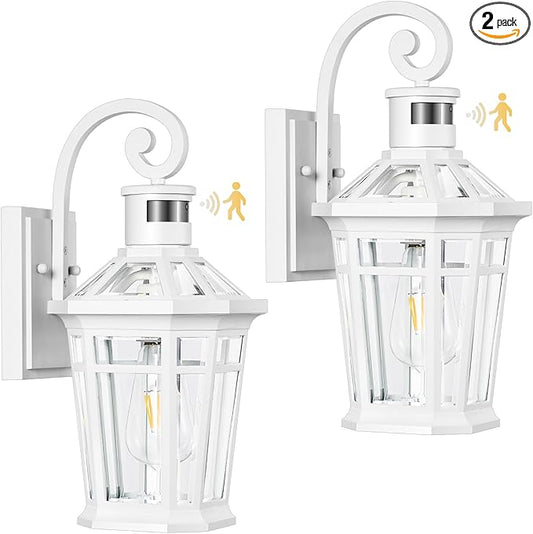 2 Pack Motion Sensor Outdoor Wall Lantern, White Outdoor Garage Lighting Fixtures Wall Mount, Waterproof Front Porch Lights with E26 Base, Exterior Sconce Light with Adjustable Sense Range