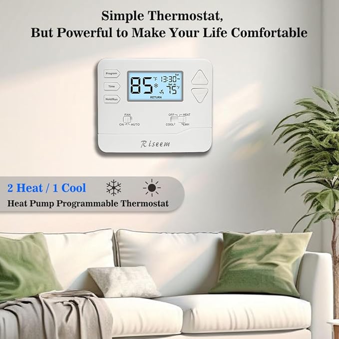 Thermostat for Heat Pump,Programmable Thermostat for House,Single-Stage Systems,2 Heat/1 Cool Heat Pump Or 1 Heat/1 Cool,Easy DIY Install,White Backlight