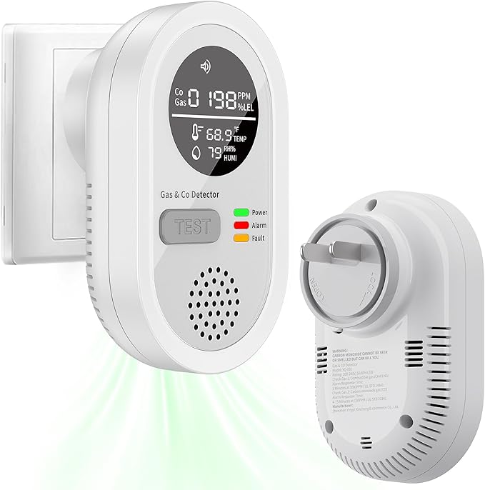Carbon Monoxide Detectors, Plug in CO and Natural Gas Detector, Combination Gas & Carbon Monoxide Detectors with Alarm - Portable 4 in 1 CO & Gas Detector with Temperature/Humidity for Home/Travel/RV