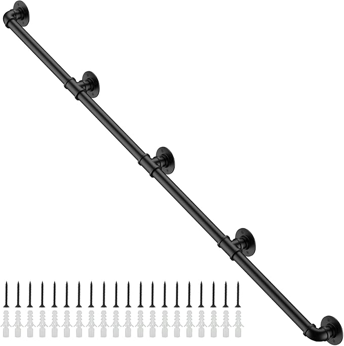 willstar 13FT Industrial Staircase Handrail Non-Slip Pipe Bar Foot Rail Wall Mount Stair Rail Vintage Grab Bar for Steps Black Iron Pipe Handrail for Outdoor Indoor Stairs Loft Porch Hand Rail (13ft)
