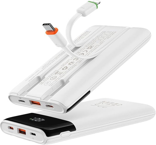 VEGER 10000mAh Portable Charger with 2 Built-in Cables, PD 22.5W Fast Charging USB C Power Bank, 4 Outputs 3 Inputs Slim Battery Pack Compatible with iPhone, Samsung, iPad, Android - Travel Essential