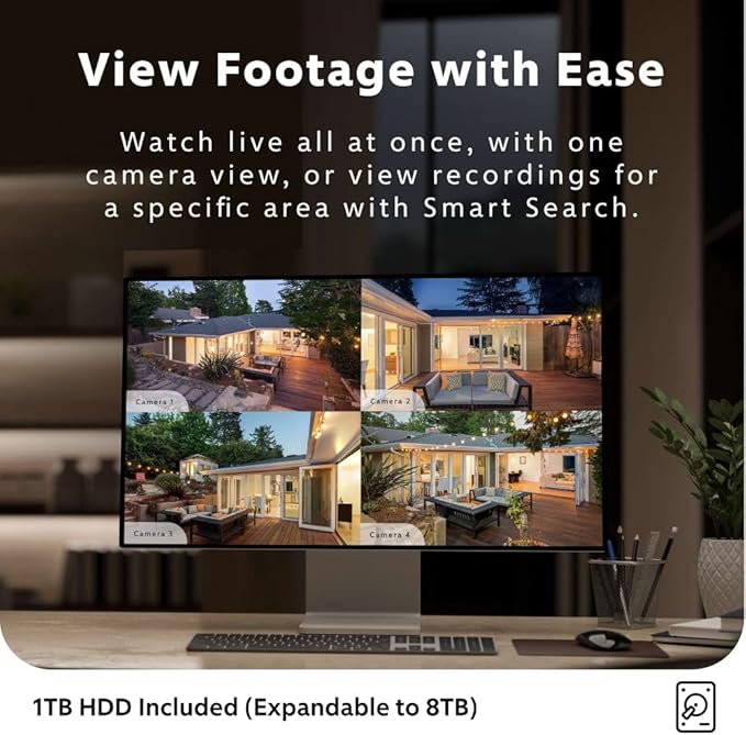 Swann Home/Business Wired DVR, 1080p Full HD Security Camera System, 8 Channels, 4 Cameras Indoor/Outdoor, 1TB HDD Storage, Color Night Vision, Sensor Spotlights, 24/7 Recording