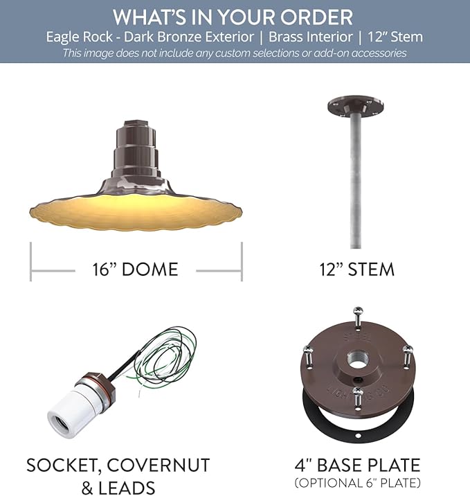 Steel Lighting Co. Eagle Rock Pendant | Ceiling Mounted Light | 16" Radial Wave | 12" Galvanized Stem | Heavy Duty Steel Retro Farmhouse Style Made in America | Dark Bronze Exterior/Brass Interior