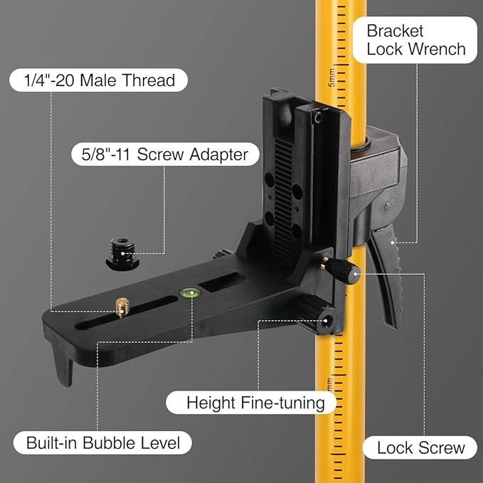 Upgraded 15.7 Ft/4.8M Telescoping Laser Level Pole with Tripod and Mounting Clamp, Adjustable Bracket with 1/4"-20 and 5/8"-11 Threads for Rotary and Line Lasers