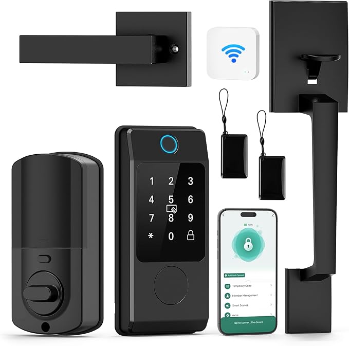 Smart Door Lock with Handle, Miuedo Keyless Entry Lock Deadbolt Handle Set, Inclued WiFi Gateway Smart Deadbolt for Front, Fingerprint, Keypad Code, App Control, Voice Control(Black)