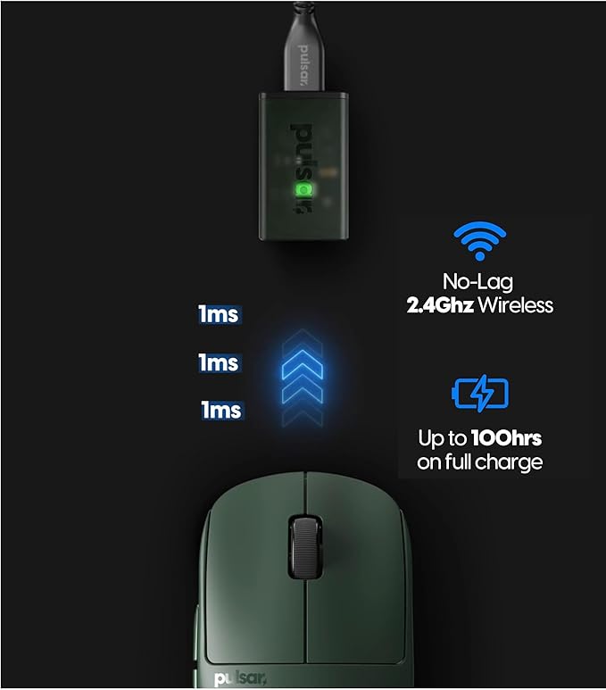 Pulsar Gaming Gears X2H Wireless Gaming Mouse, Founder's Edition, Ultra Lightweight 1.90 oz (54 g), Symmetrical, Optical Switch, 2.4 Ghz 1 ms, 26000 DPI, PAW3395 Sensor (Medium, Wireless, Green)