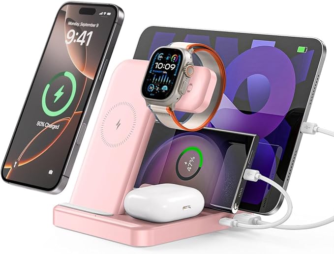 Multiple Devices Charging Station, 5-in-1 Charging Station for iPhone 16e/16 Pro Max/Pro/Plus/15/14/13/12, iPad Pro/Air/Mini, Apple Watch and Airpods,Wireless Charging Dock(G805) (Pink)