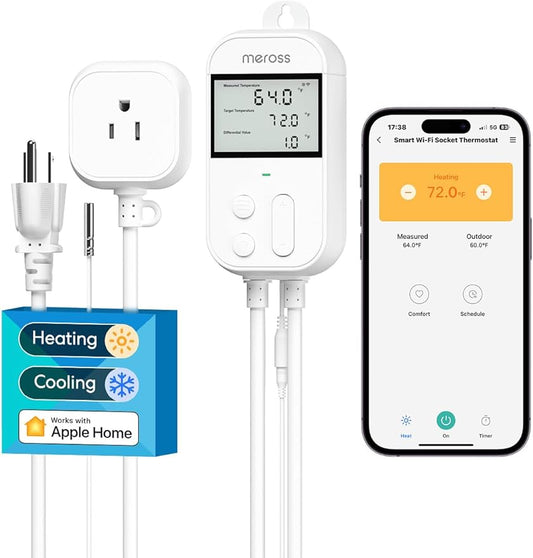 meross Smart Temperature Controller 15A 1800W, Smart Wi-Fi Thermostat Controlled Outlet Plug Works with Apple Home, Alexa, Google Home for Heating Cooling Homebrew Fermentation Reptiles Greenhouse