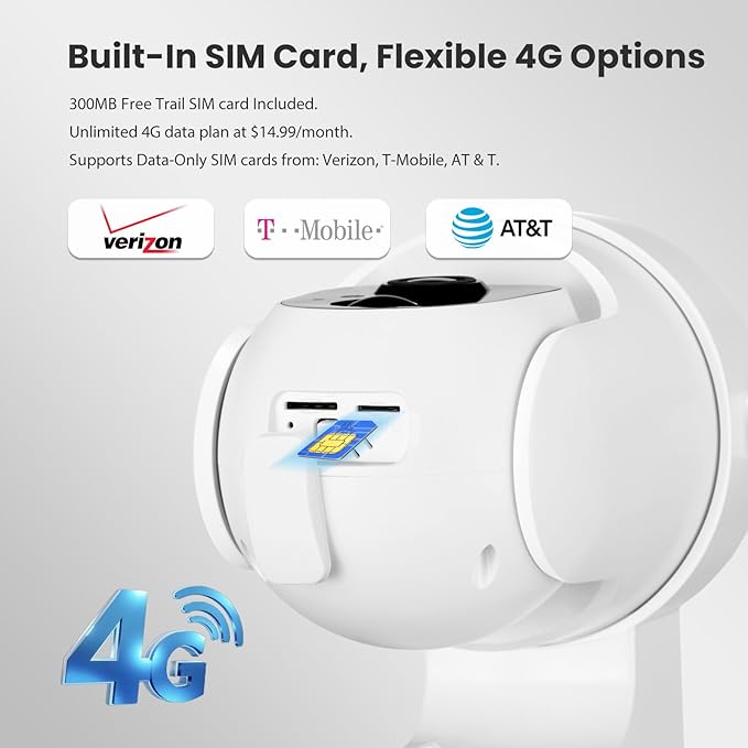 4G LTE Cellular Security Camera Wireless Outdoor, No WiFi Needed, 2K Color Night Vision, 360° View Pan/Tilt, 2 Way Talk, PIR Motion Sensor, Built-in SIM Card (Support Verizon/AT&T/T-Mobile)