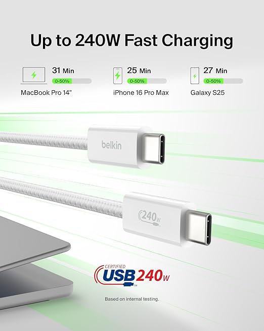Belkin USB C to USB C Cable 2-Pack, 6.6ft, 240W - Type C Charger, iPhone Charger Cord, Soft, Braided, Flexible for iPhone 16, Galaxy S25, Pixel 9, MacBook, Chromebook, iPad Pro, Switch – White