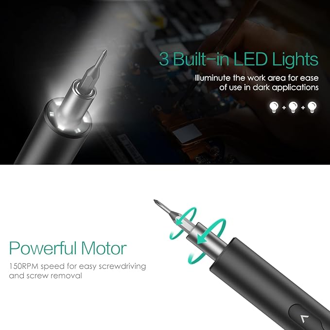 ORIA Electric Screwdriver Set, 28 in 1 Cordless Electric Screwdriver with 24 Bits, Type-C Charging, LED Lights for Smartphones, Computer, Black