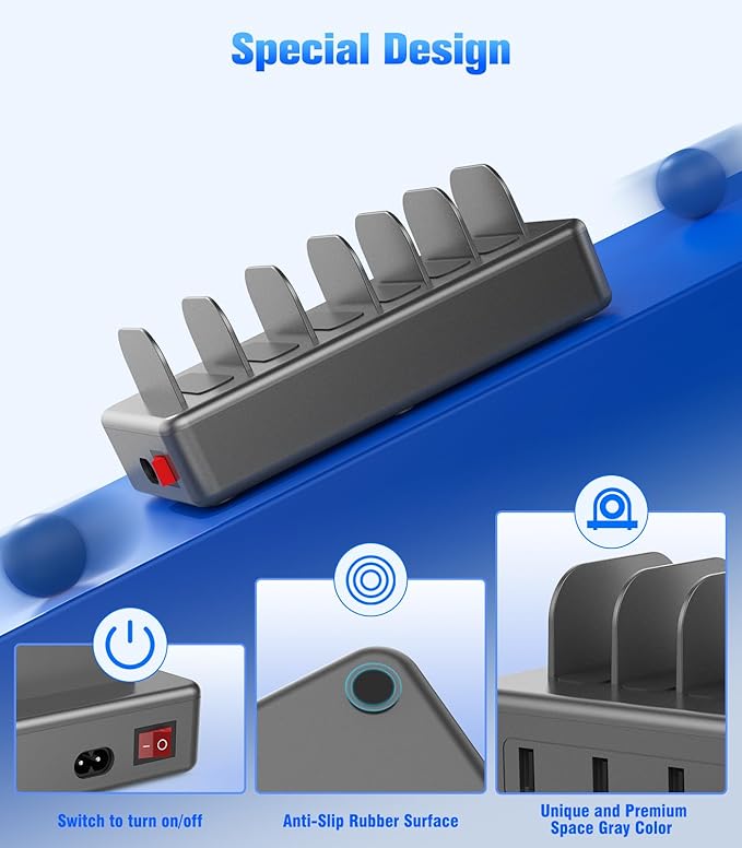 CREATIVE DESIGN 50W Charging Station for Multiple Devices,6 Port Multiple USB Charger Station with 6 Cables Compatible with iPhone,iPad Kindle Tablet and Other Electronic（Space Gray