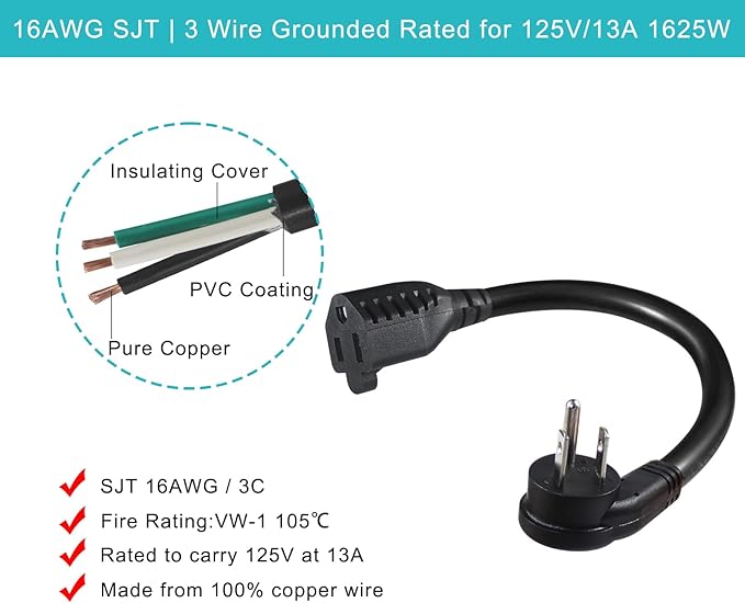 [5 Pack] Flat Plug Short Power Extension Cord - 6inch Black Low Profile Flat Head 3 Prong Grounded Indoor Extension Cord,16AWG 13amp Household Appliance Electrical Extension Cord with Flat Wall Plug