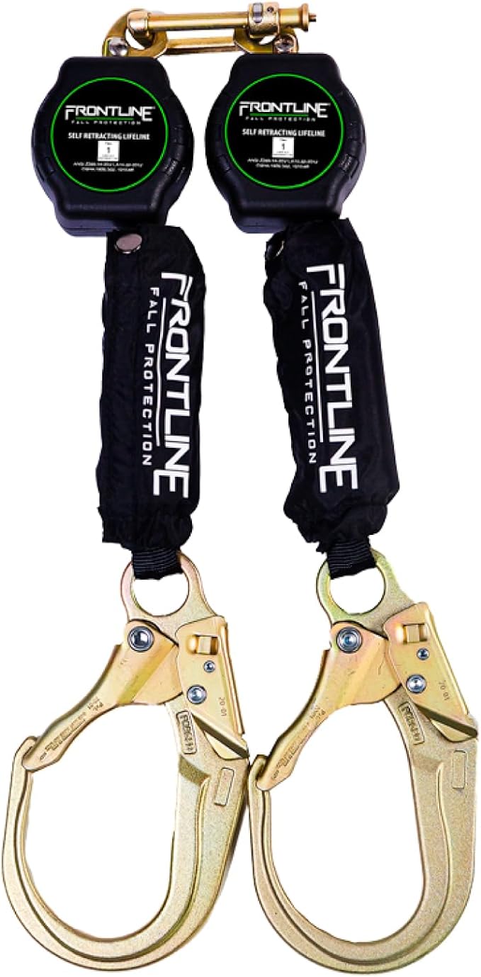 Frontline RPA062R 6' Aramid Web Twin Leg SRL with Steel Rebar Hooks | 310 lbs Capacity | Lightweight & Durable | Aramid Fiber Webbing Retractable | ANSI & OSHA Compliant | ISO Lab Tested
