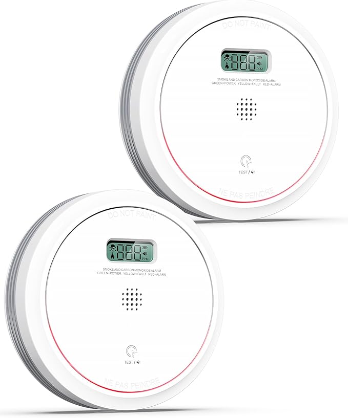 Smoke and Carbon Monoxide Detector Combo 10 Year Battery, Dual Sensor Smoke Alarm Carbon Monoxide Detector with LCD Display for Home, 2 Packs