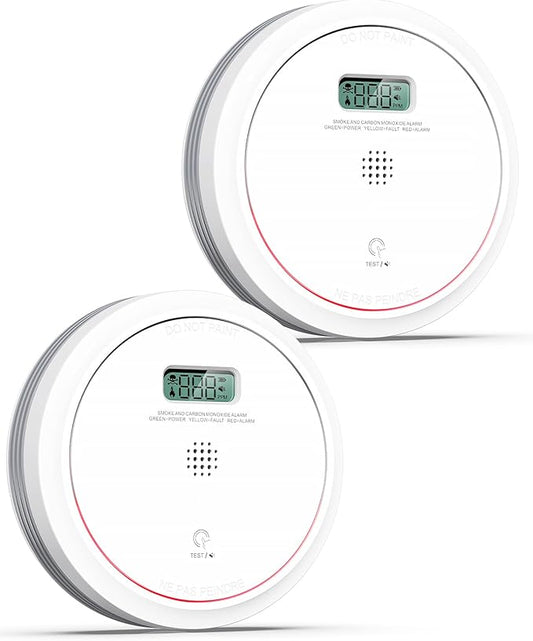 Smoke and Carbon Monoxide Detector Combo 10 Year Battery, Dual Sensor Smoke Alarm Carbon Monoxide Detector with LCD Display for Home, 2 Packs