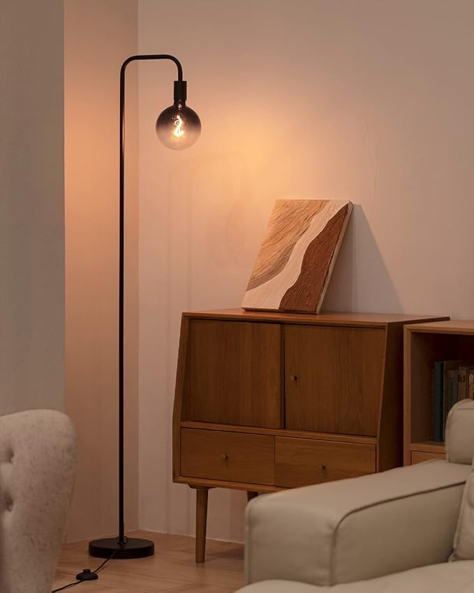 ONEWISH Floor Lamp for Living Room - Minimalist Industrial Standing Lamp with Modern LED Bulb, Globe Black Clear Glass 6", 1800K Warm Ambiant Lighting Decorative Tall Floor Lamp for Bedroom Office