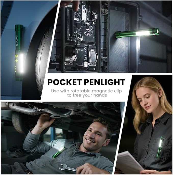 Magnetic Rechargeable Pen Light - 600 Lumen Dimmable EDC Flashlight, IPX4 Waterproof Work Light with Clip & COB LED for Mechanics, Nurses, Emergency(Green)