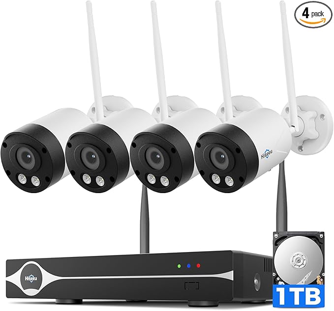 Hiseeu 4K/8MP Wireless Security Camera Outdoor, 5G/2.4G WiFi Pro Camera System for Home Security, 4 Cam-Kit, Color Night Vision, Motion Detection, 2-Way Talk, Expandable 16CH NVR, 1TB, No Subscription