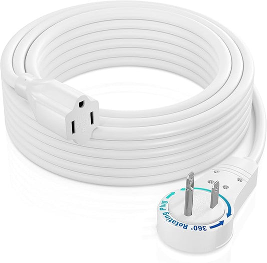 Maximm Extension Cord 25 Ft White Flat Plug, 360° Rotating Short Power Cord Single Outlet, Indoor 16 Gauge 3 Prong Grounded Wire UL Certified (25Ft White)