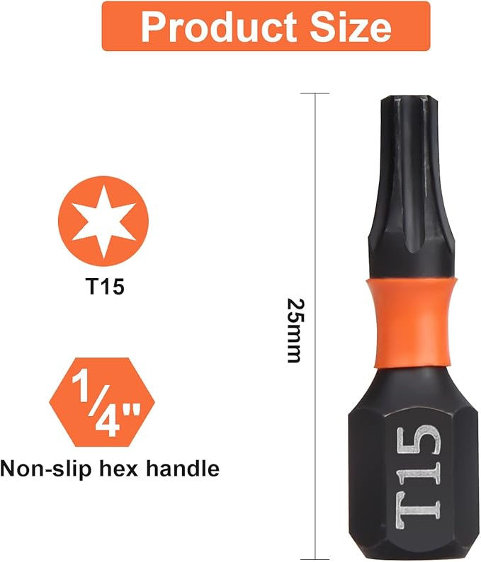 Pro T15 Bit Assortment - Screwdriver Bits Set 20Pcs, 25mm Length, Torx Screwdriver Bit, 1/4 Inch Hex Shank, with Storage Box